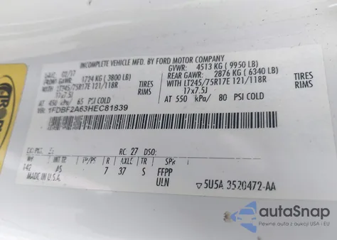 2017 Ford F-250 Xl z USA, uszkodzony, nr VIN 1FDBF2A63HEC81839